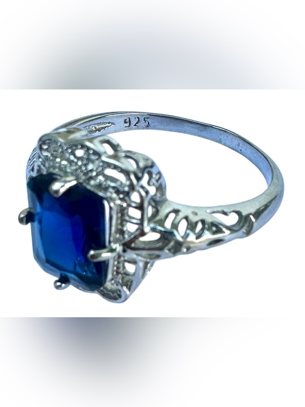 925 Sterling Silver Blue Sapphire Filigree Ring Size 9 - Picture 4 of 7